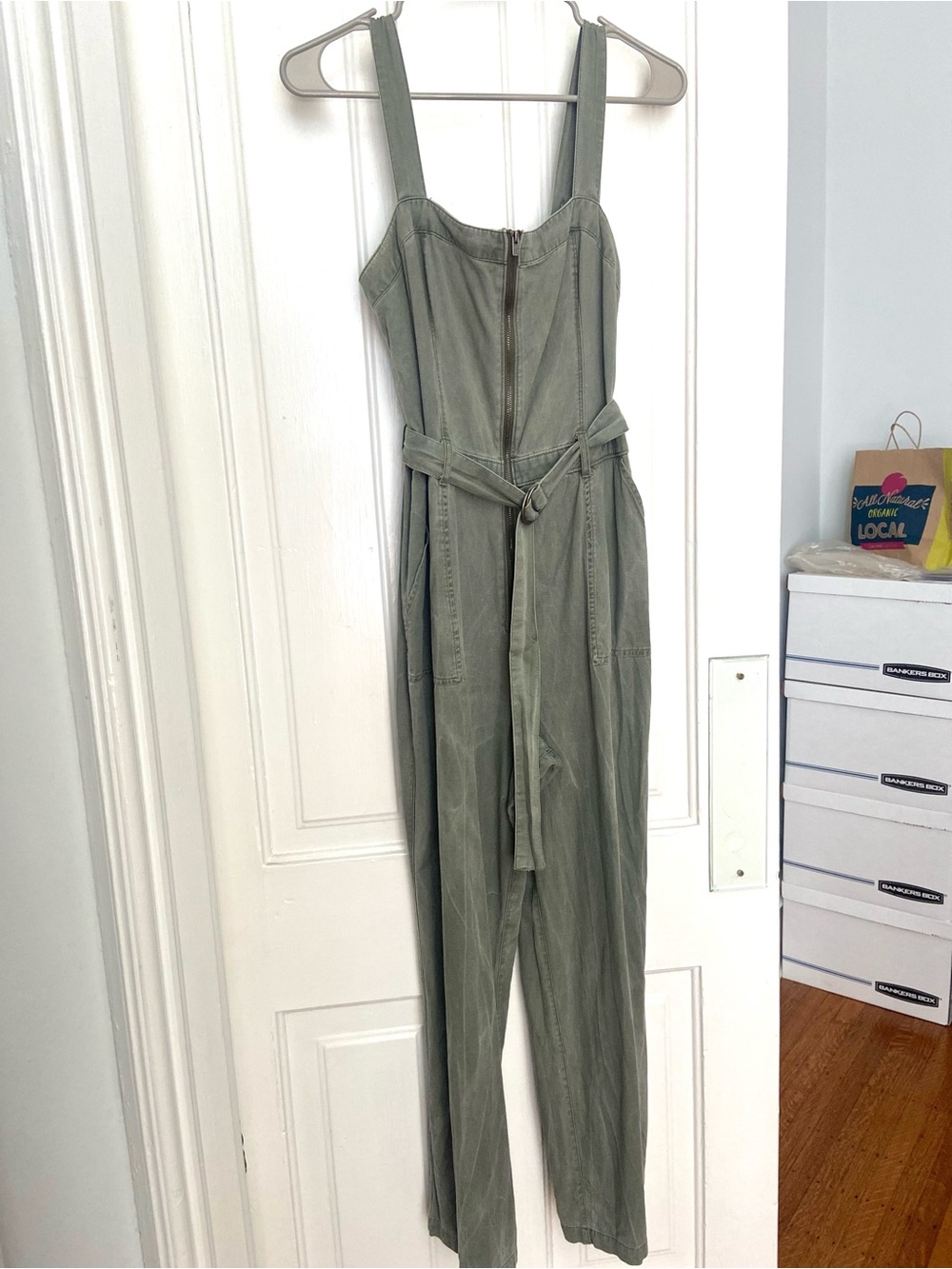 Hollister Olive Green Sleeveless Zipped Jumpsuit, Adjustable Shoulder Straps